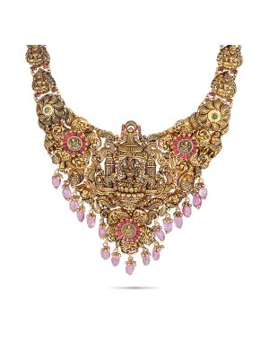 Antique Gold Necklace with Pink Drops-hover